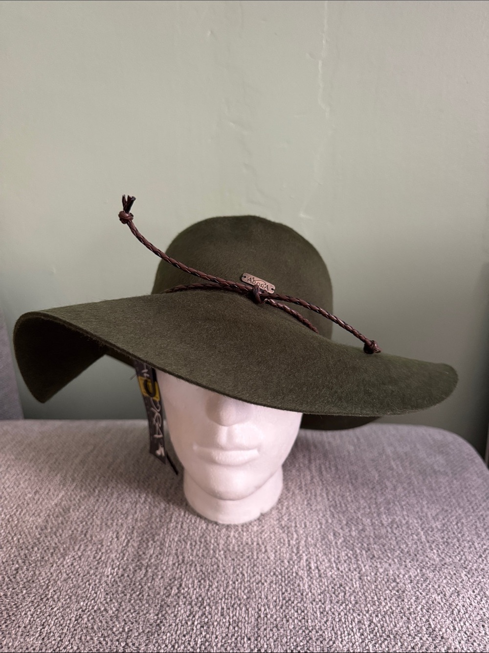 ADORA NWT 100% Wool Olive Brown Floppy Cowboy Hat with Braided Band